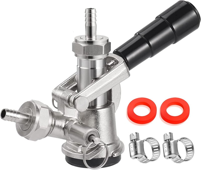 WELLBOM Keg Coupler for Sankey D System Beer Keg Tap Dispenser-304 Stainless Steel Probe, Beer Kegerator Tap D-Type Sankey Keg Coupler fit for I.D1/4", 3/16" Draft Beer Line & 5/16'' Gas Line with Hose Clamps - Image 1
